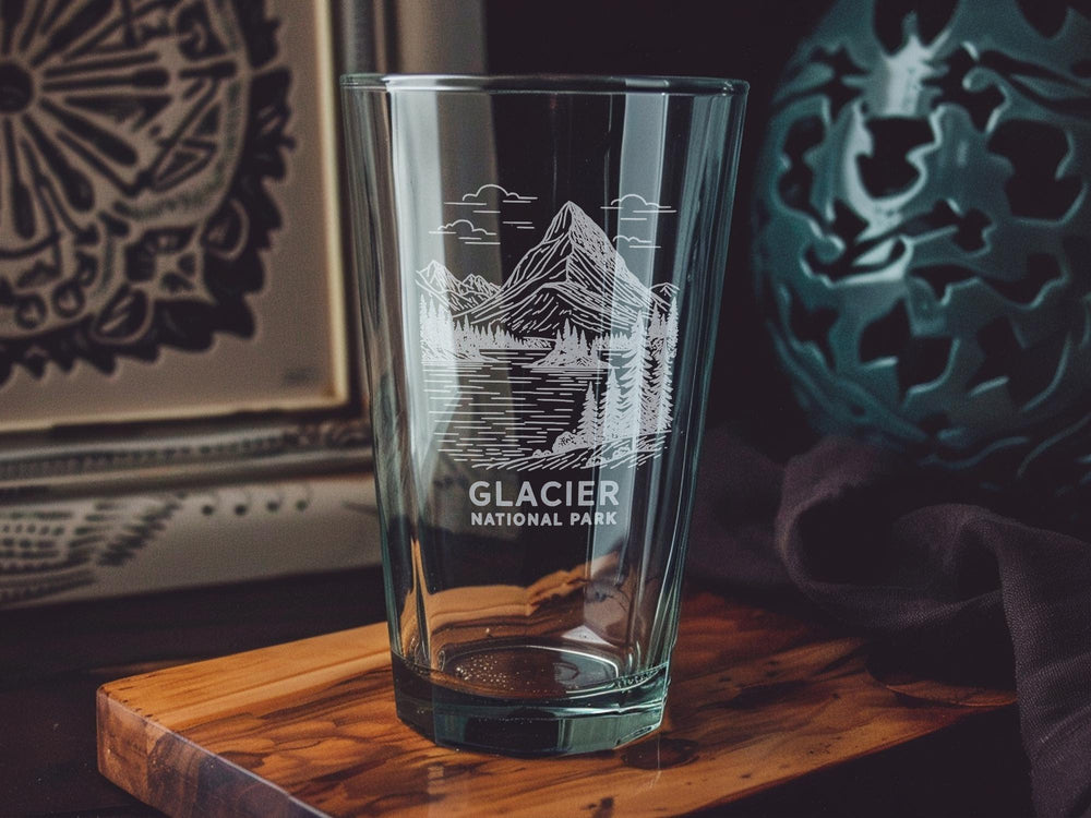 Glacier National Park Pint Glass – Scenic Mountain Landscape, Forest, and Wildlife Souvenir Drinkware
