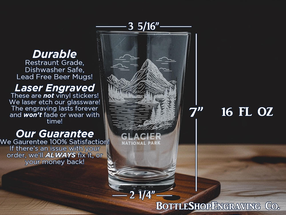 Glacier National Park Pint Glass – Scenic Mountain Landscape, Forest, and Wildlife Souvenir Drinkware