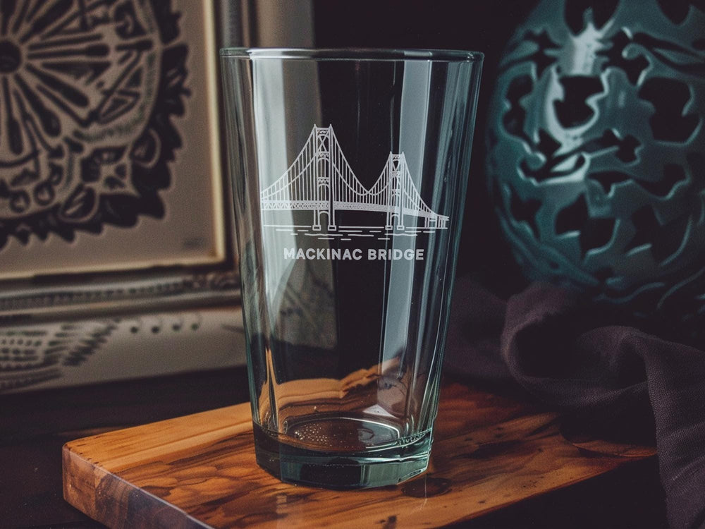 Mackinac Bridge Pint Glass: Michigan Souvenir Beer Glass