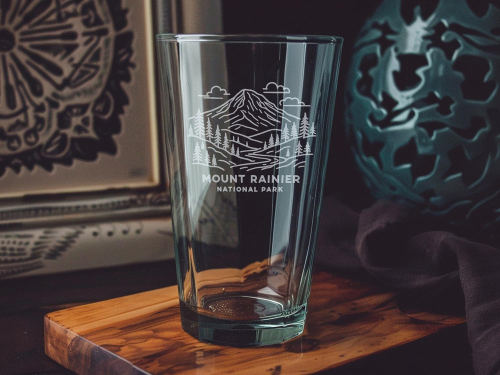 Mount Rainier National Park Pint Glass – Scenic Mountain Landscape with Forest and Peaks