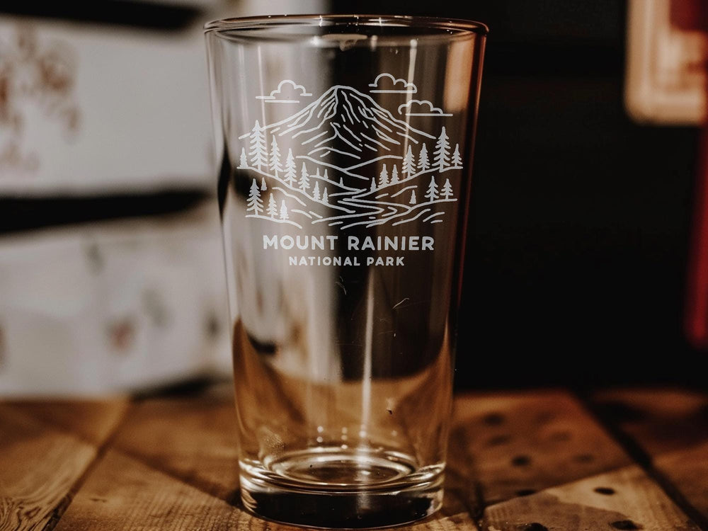 Mount Rainier National Park Pint Glass – Scenic Mountain Landscape with Forest and Peaks