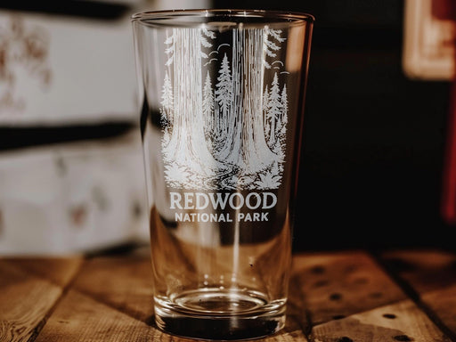 Redwood National Park Pint Glass – Scenic Forest Landscape with Towering Redwoods and Nature Design