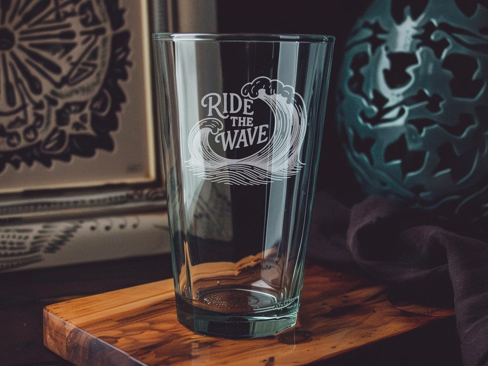 Ride the Wave Ocean Waves Pint Glass – Curling Sea Wave Design with Inspirational Surf Phrase