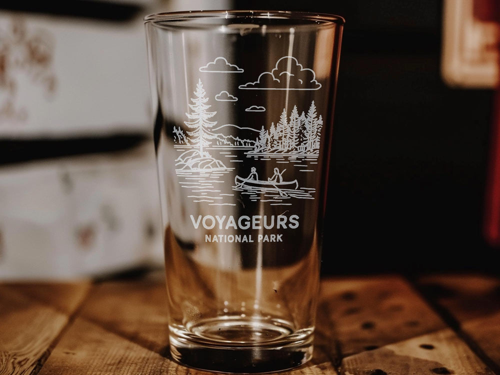 Voyageurs National Park Pint Glass – Scenic Lake Views, Forest Landscape, Canoe and Wildlife Design