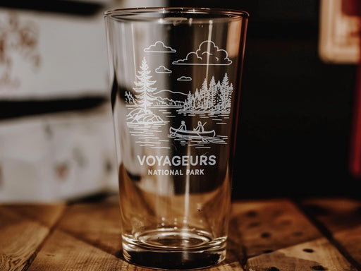 Voyageurs National Park Pint Glass – Scenic Lake Views, Forest Landscape, Canoe and Wildlife Design