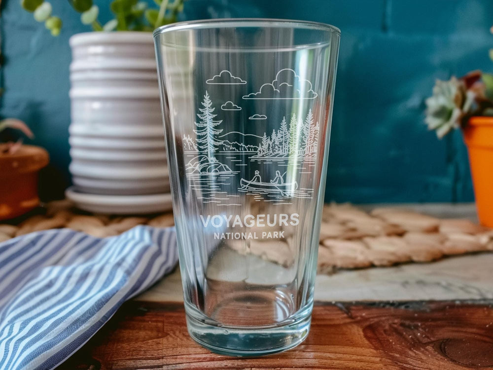 Voyageurs National Park Pint Glass – Scenic Lake Views, Forest Landscape, Canoe and Wildlife Design