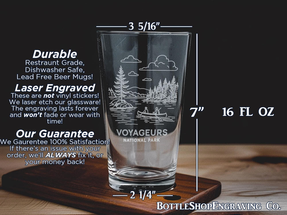 Voyageurs National Park Pint Glass – Scenic Lake Views, Forest Landscape, Canoe and Wildlife Design