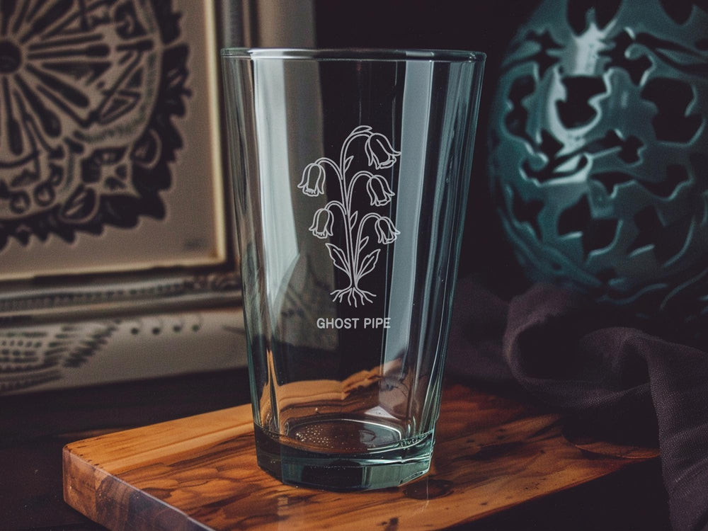 Ghost Pipe Flower Pint Glass – Unique Botanical Wildflower Glassware – Nature Lover Gift – Ethereal Plant Drinking Glass