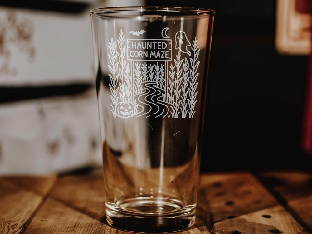 Haunted Corn Maze Pint Glass: Spooky Fall Farm Scene