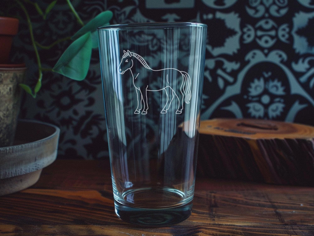 Hequ Horse Pint Glass: Laser Engraved Equestrian Barware