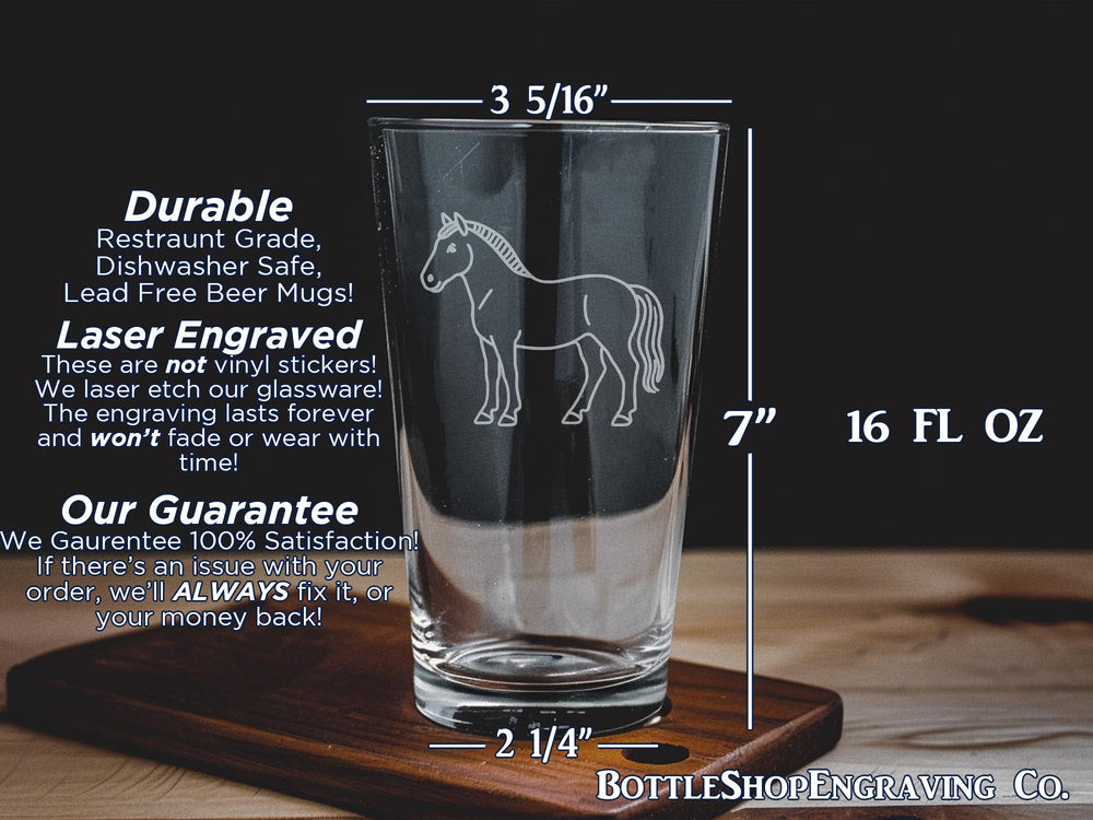 Hequ Horse Pint Glass: Laser Engraved Equestrian Barware