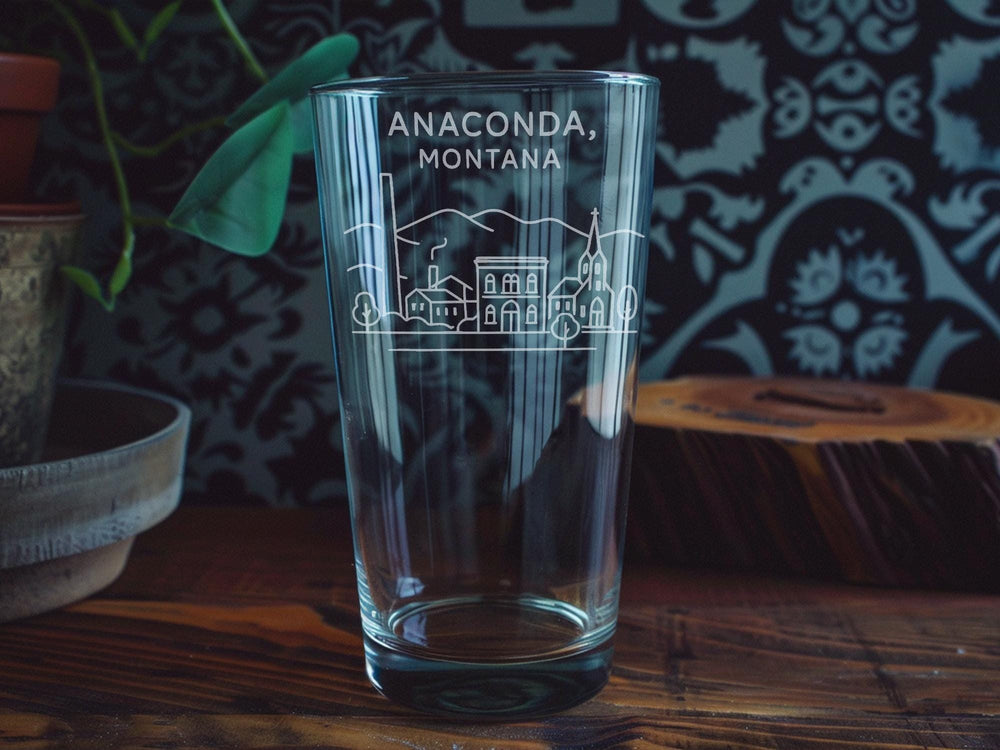 Anaconda Montana Pint Glass – Vintage Mining Town Scene with Mountains and Historic Landmarks