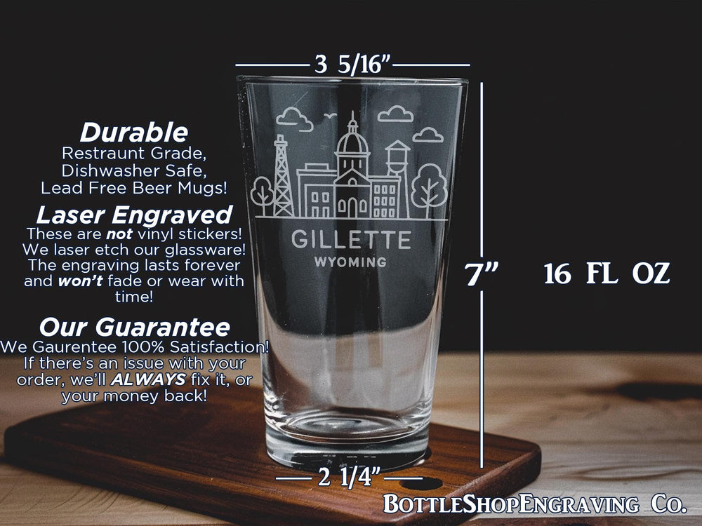 Gillette Wyoming Skyline Pint Glass – Laser Engraved 16oz Beer Glass