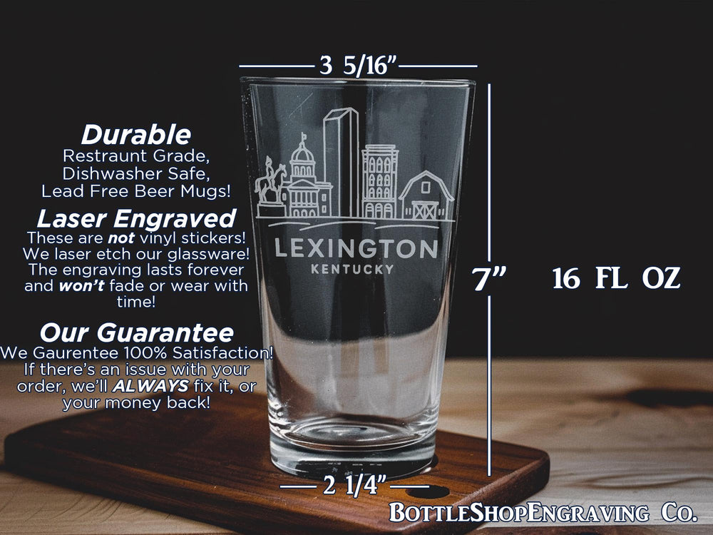 Lexington Kentucky Pint Glass – Downtown Skyline, Horse Racing, Historic Landmarks, Bluegrass State Souvenir