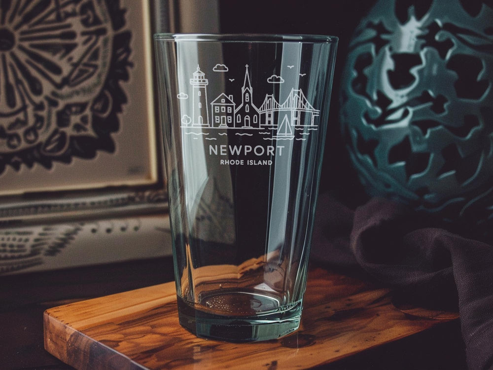 Newport Rhode Island Pint Glass with Iconic Landmarks, Coastal Scenery, and Nautical Theme Design