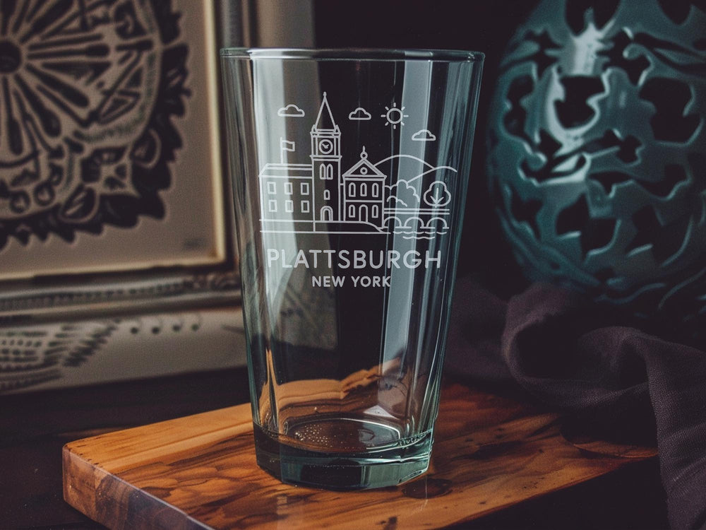 Plattsburgh NY Pint Glass – Adirondack Mountains, Lake Champlain Skyline Souvenir