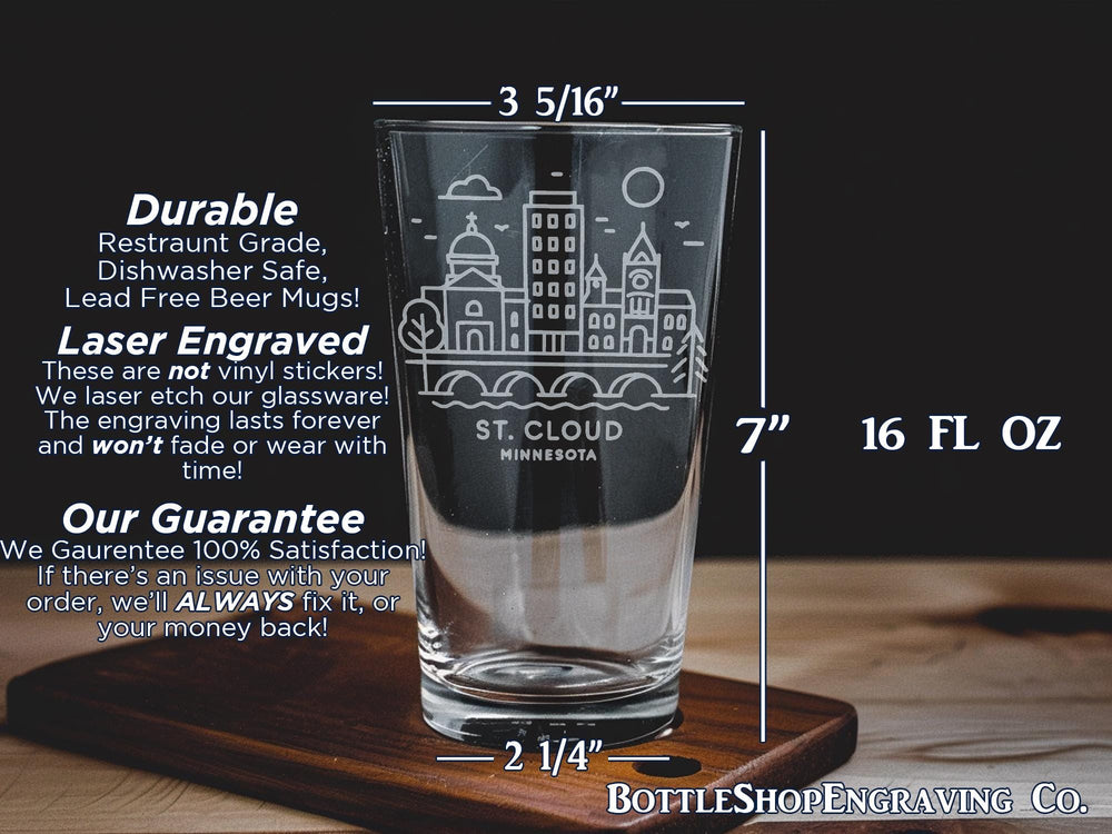 St Cloud Minnesota Pint Glass – Downtown Skyline, Mississippi River, Local Landmarks, Minnesota Gift for Beer Lovers