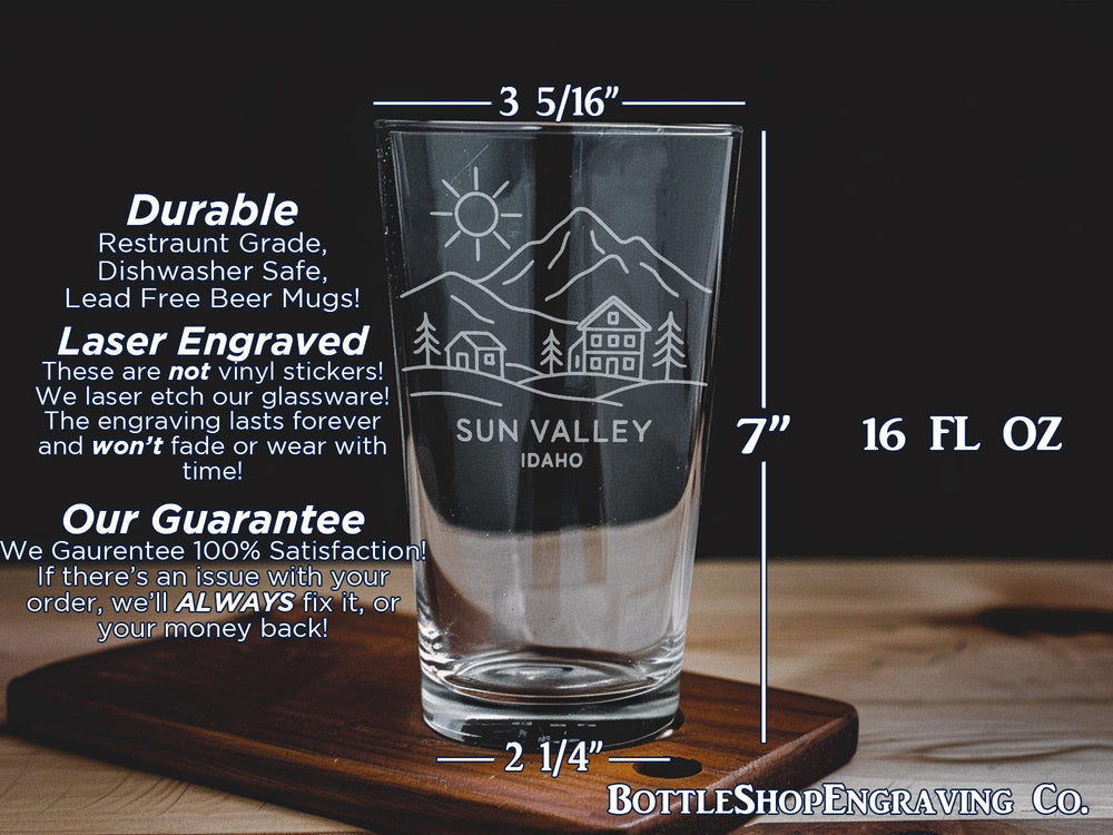 Sun Valley Idaho Pint Glass with Mountain Scene, Ski Resort Landmark, Idaho Souvenir Gift, Outdoor Adventure Decor
