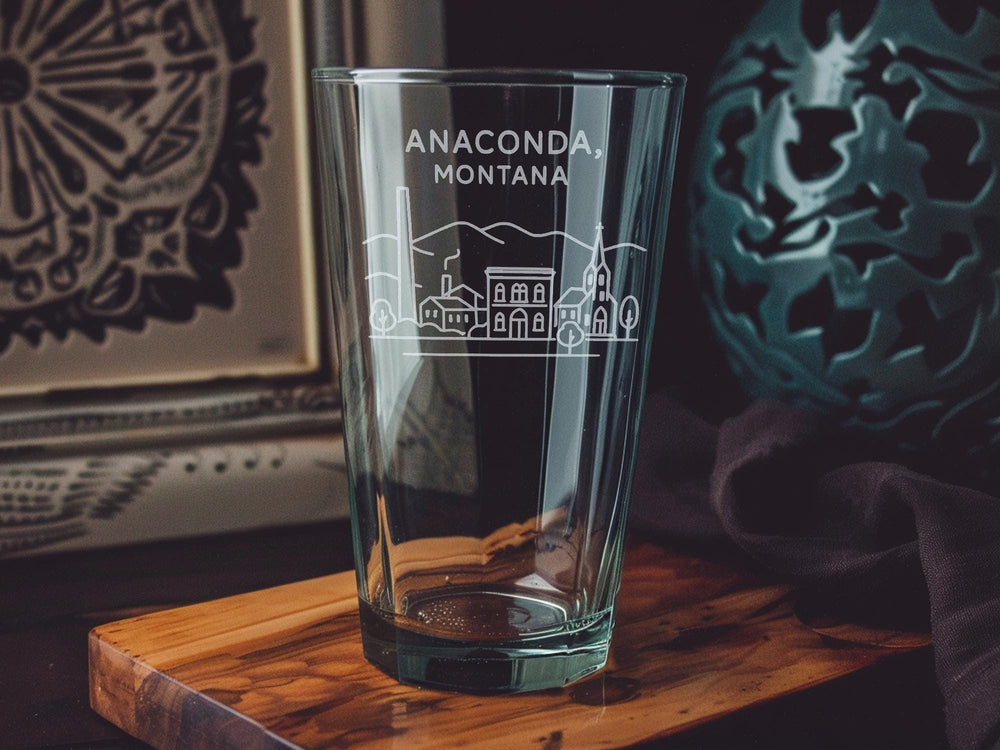 Anaconda Montana Pint Glass – Vintage Mining Town Scene with Mountains and Historic Landmarks