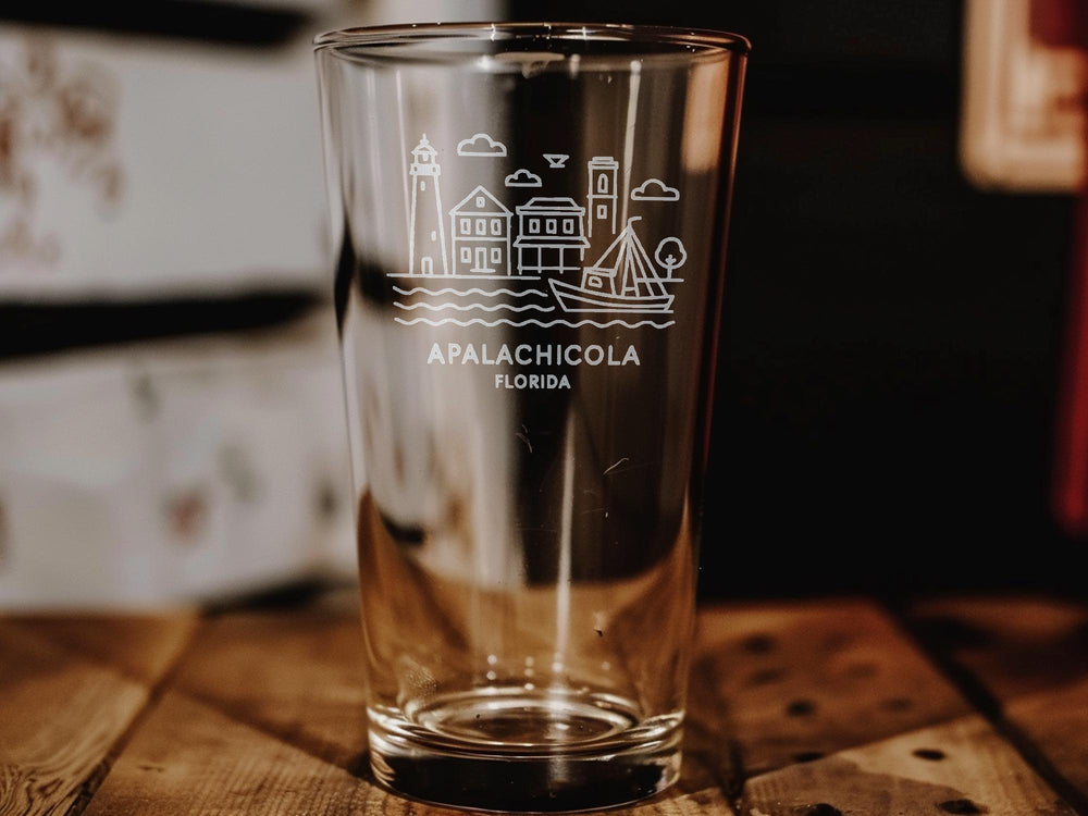 Apalachicola Florida Pint Glass, Coastal Town Design, Oyster Boats, Bay Views
