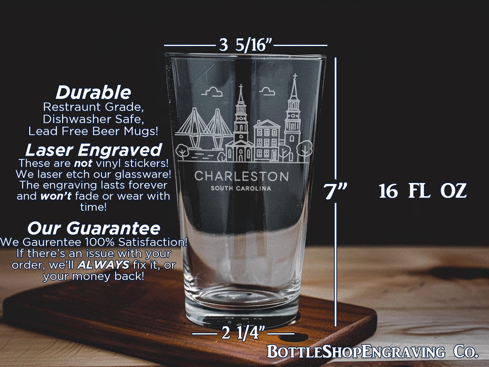 Charleston South Carolina Pint Glass with Historic Landmarks and Coastal Scenery Design