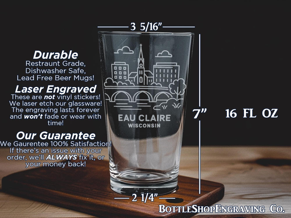 Eau Claire Wisconsin Pint Glass – Downtown Skyline, Chippewa River, Local Landmarks Souvenir Drinkware Gift