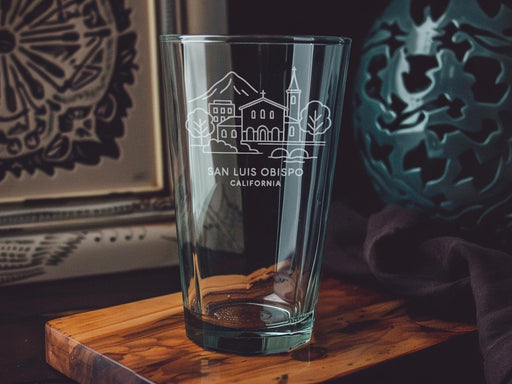 San Luis Obispo California Pint Glass – City Skyline, Mountains, and Iconic Landmarks Engraved Gift