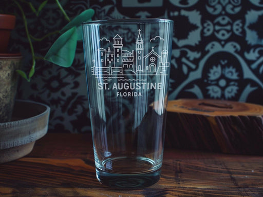 St Augustine Florida Pint Glass – Historic Lighthouse, Coastal Cityscape, Palm Trees, Iconic Landmarks Design