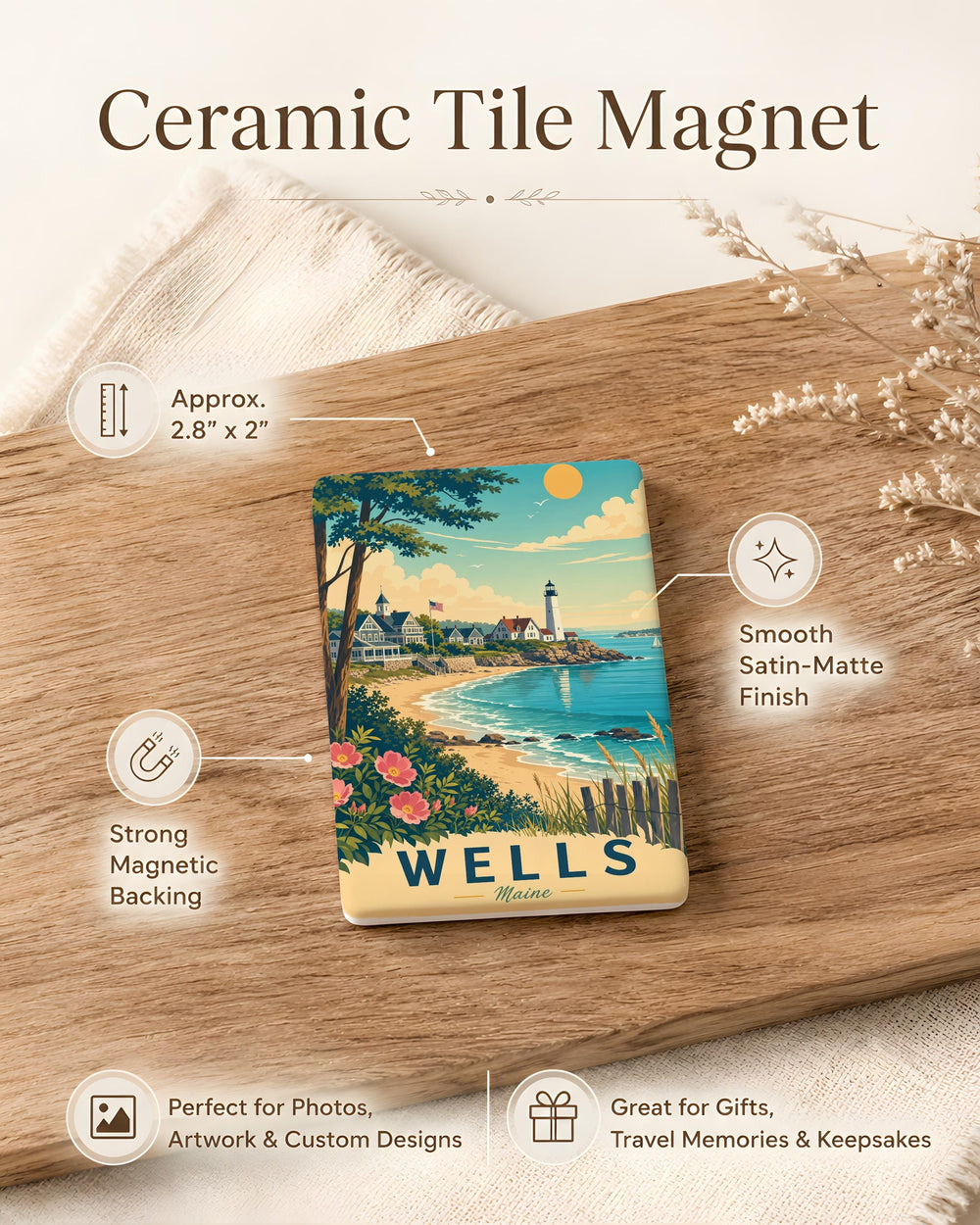Wells Maine Fridge Magnet, Coastal Town Souvenir Magnet, Maine Travel Gift, New England Beach Vacation Keepsake