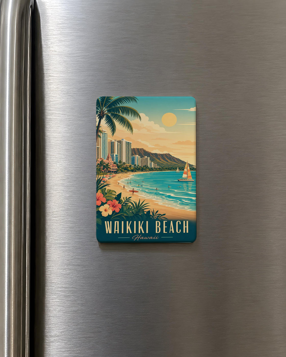 Waikiki Beach Fridge Magnet, Honolulu Hawaii Souvenir, Tropical Beach Scene, Ocean Waves, Palm Trees, Island Vacation Gift