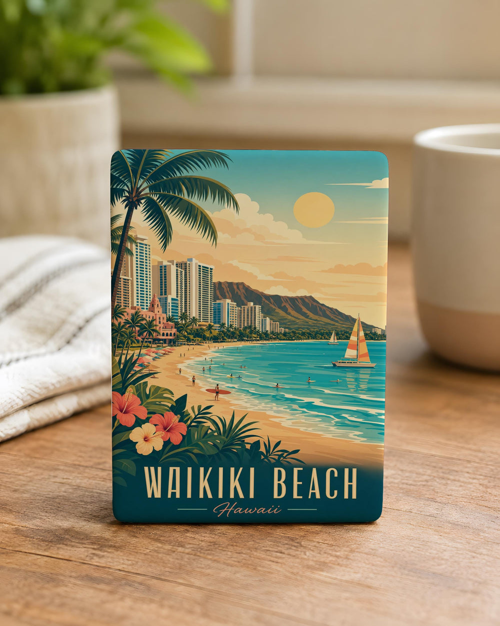 Waikiki Beach Fridge Magnet, Honolulu Hawaii Souvenir, Tropical Beach Scene, Ocean Waves, Palm Trees, Island Vacation Gift