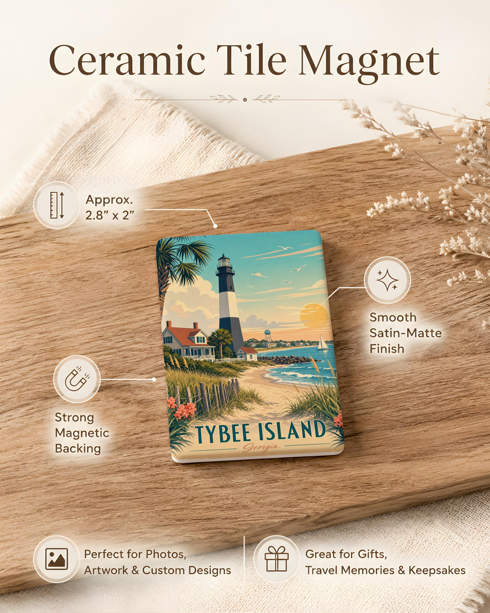 Tybee Island Fridge Magnet, Georgia Coastal Souvenir, Beach Vacation Keepsake, Lighthouse and Ocean Theme Magnet
