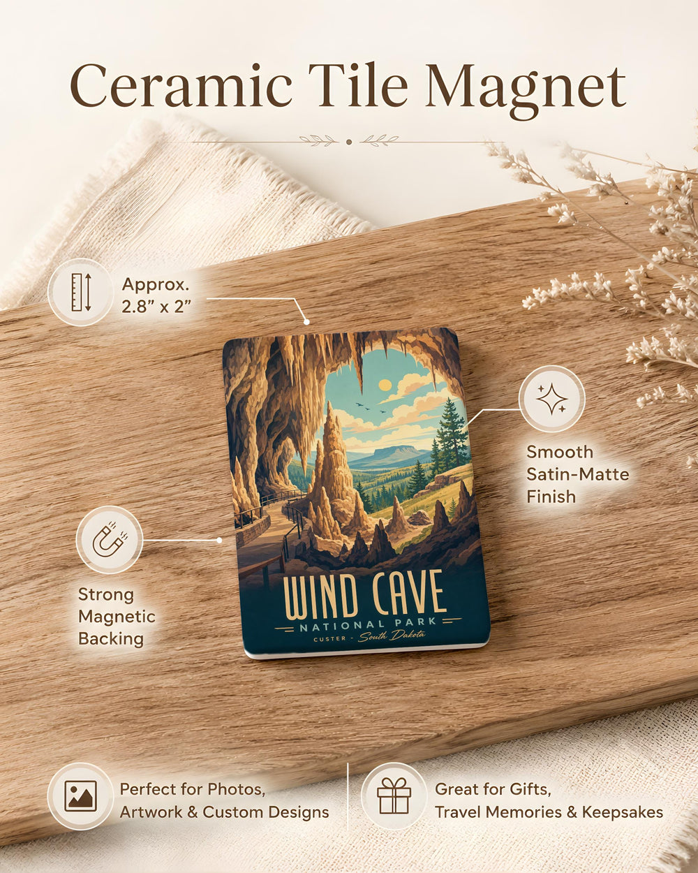Wind Cave National Park Fridge Magnet, South Dakota Cave & Bison Prairie Souvenir Magnet, Travel Landmark Gift