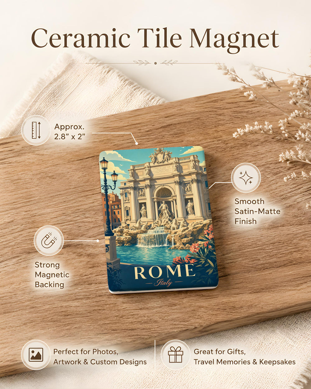 Trevi Fountain Fridge Magnet, Rome Italy Landmark Souvenir, Travel Gift, Italian Vacation Keepsake Magnet