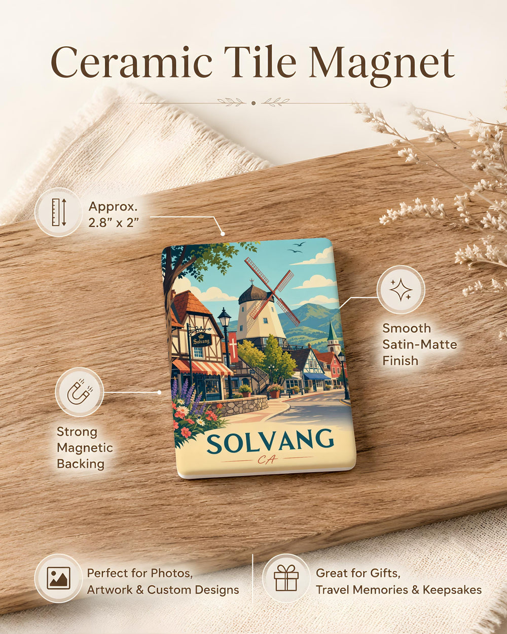 Solvang CA Fridge Magnet, Solvang California Souvenir Magnet, Danish Village Landmark Travel Keepsake Gift