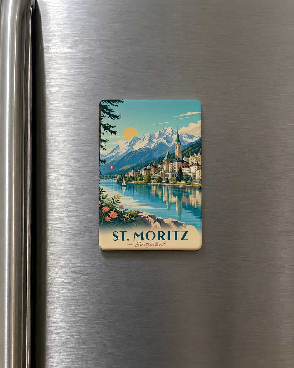 St. Moritz Switzerland Fridge Magnet, Alpine Resort Town Souvenir Magnet, Swiss Alps Travel Keepsake Magnet