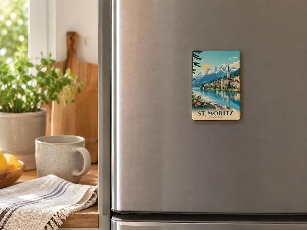 St. Moritz Switzerland Fridge Magnet, Alpine Resort Town Souvenir Magnet, Swiss Alps Travel Keepsake Magnet
