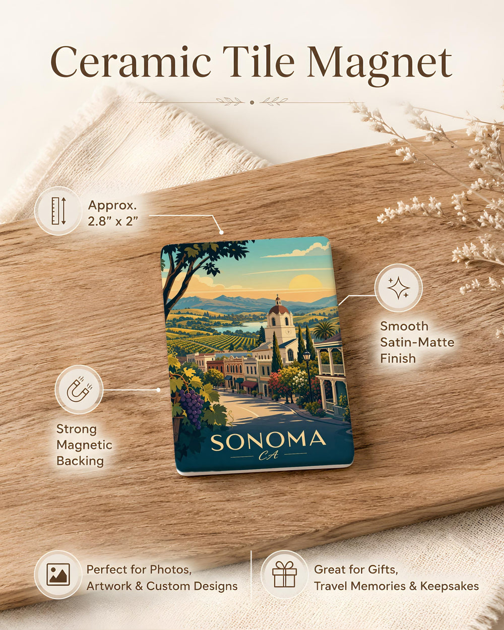 Sonoma CA Fridge Magnet, Sonoma California Souvenir Magnet, Wine Country Travel Gift, Sonoma Valley Keepsake Magnet