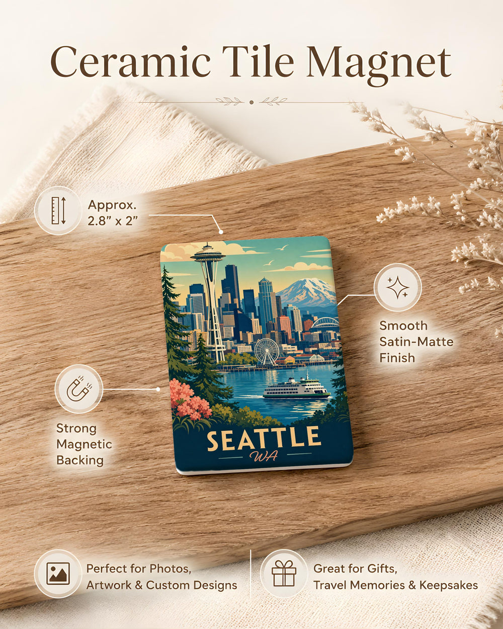 Seattle WA Fridge Magnet, Seattle Washington Souvenir Magnet, Space Needle Pike Place Market Waterfront Travel Gift