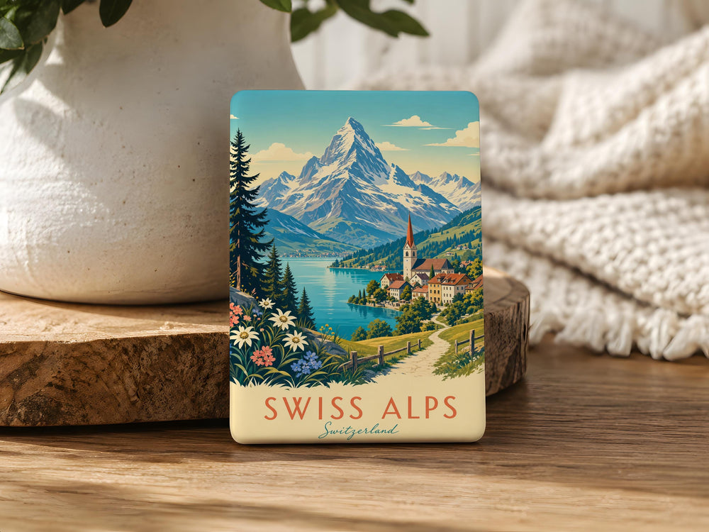 Swiss Alps Fridge Magnet, Alpine Mountain Landscape Souvenir, Switzerland Travel Keepsake, Snowy Peaks & Scenic Valley Magnet