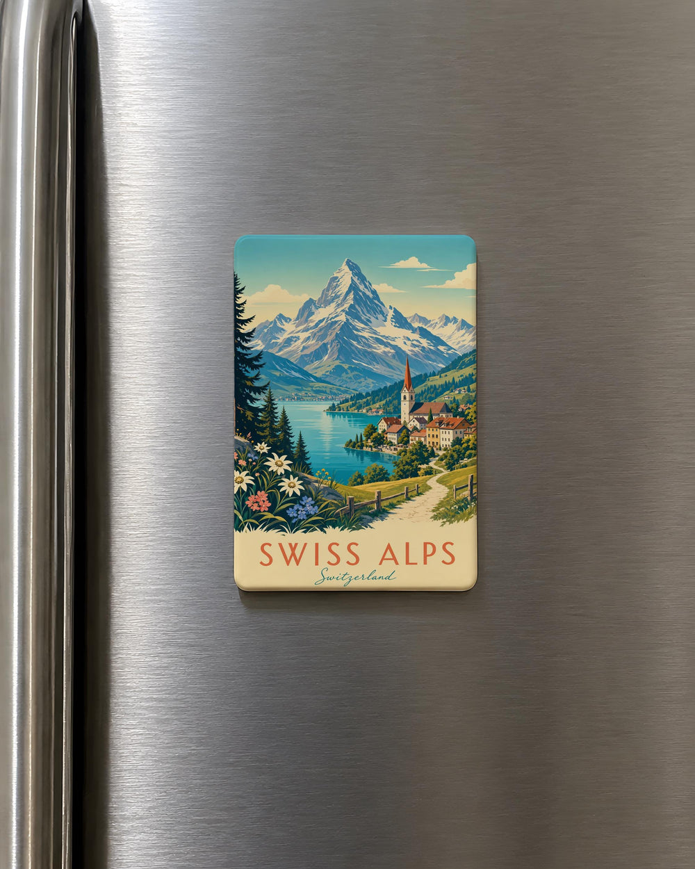 Swiss Alps Fridge Magnet, Alpine Mountain Landscape Souvenir, Switzerland Travel Keepsake, Snowy Peaks & Scenic Valley Magnet
