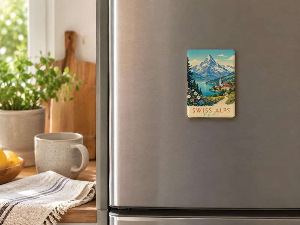 Swiss Alps Fridge Magnet, Alpine Mountain Landscape Souvenir, Switzerland Travel Keepsake, Snowy Peaks & Scenic Valley Magnet
