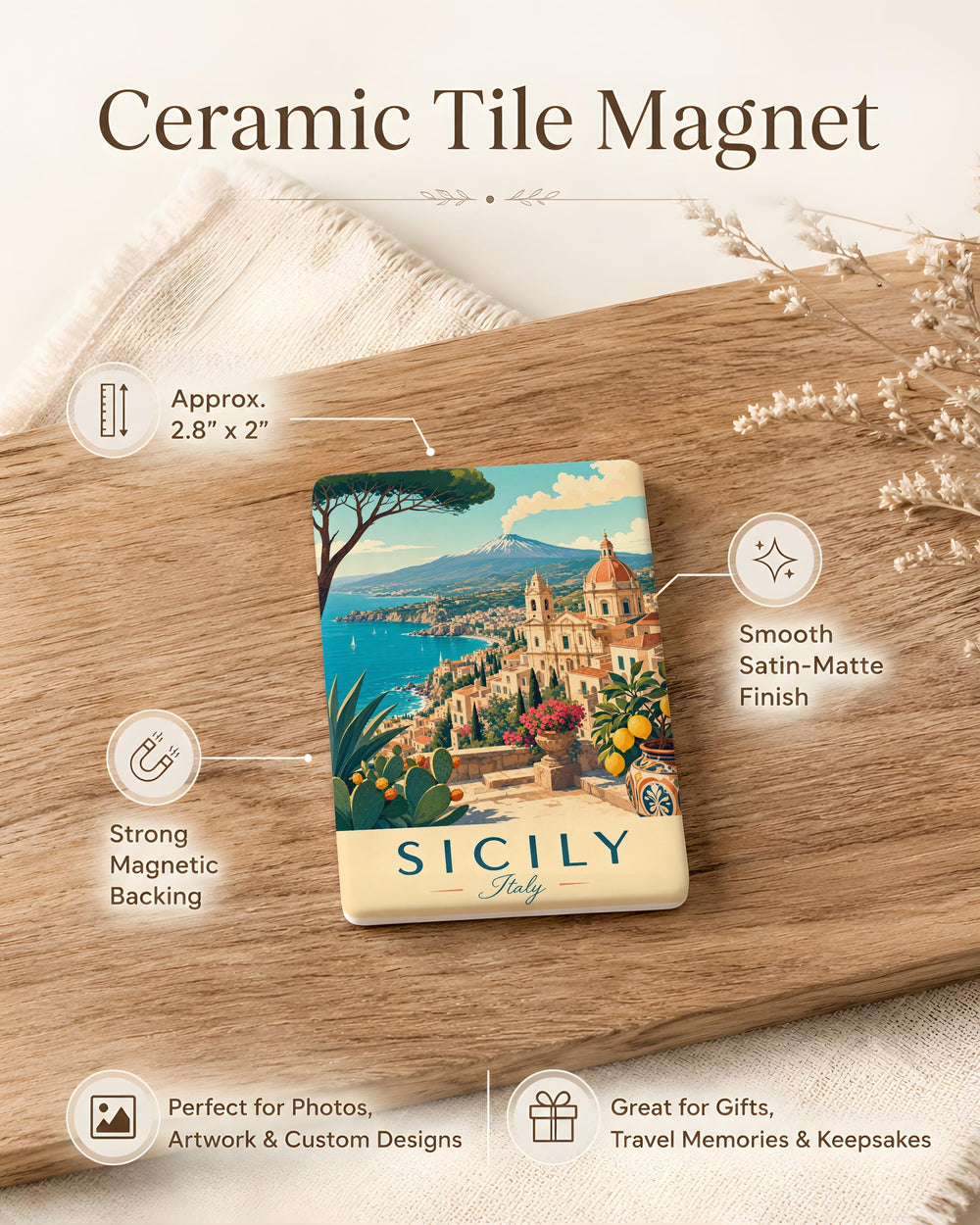 Sicily Italy Fridge Magnet, Sicilia Souvenir Magnet, Palermo Catania Taormina Travel Gift, Italian Island Keepsake Magnet