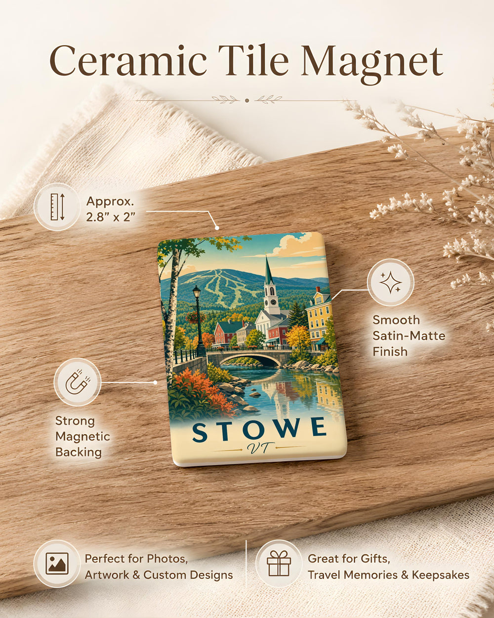 Stowe VT Fridge Magnet, Stowe Vermont Souvenir Magnet, Stowe Village Travel Gift, Vermont Mountain Town Keepsake Magnet