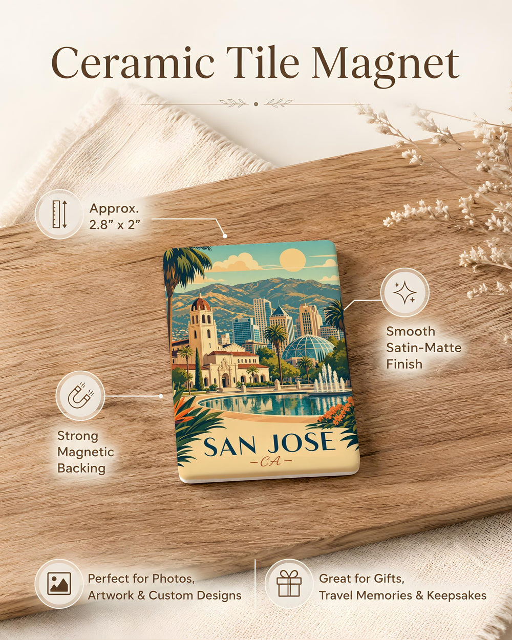 San Jose CA Fridge Magnet, San Jose California Souvenir Magnet, Silicon Valley Travel Gift, City Landmark Keepsake Magnet