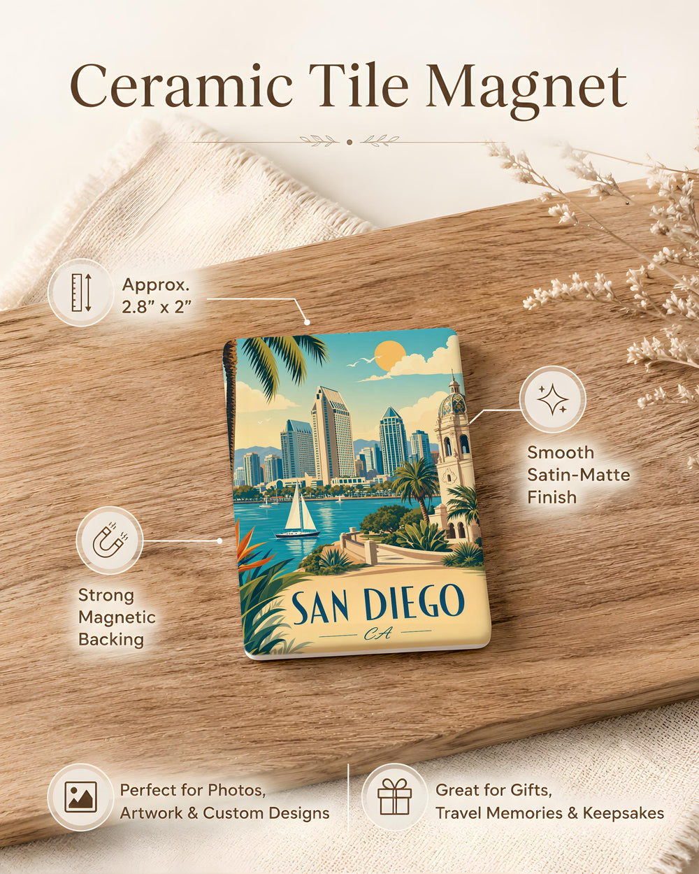 San Diego CA Fridge Magnet, San Diego California Souvenir Magnet, San Diego Travel Gift, Coastal City Landmark Keepsake Magnet