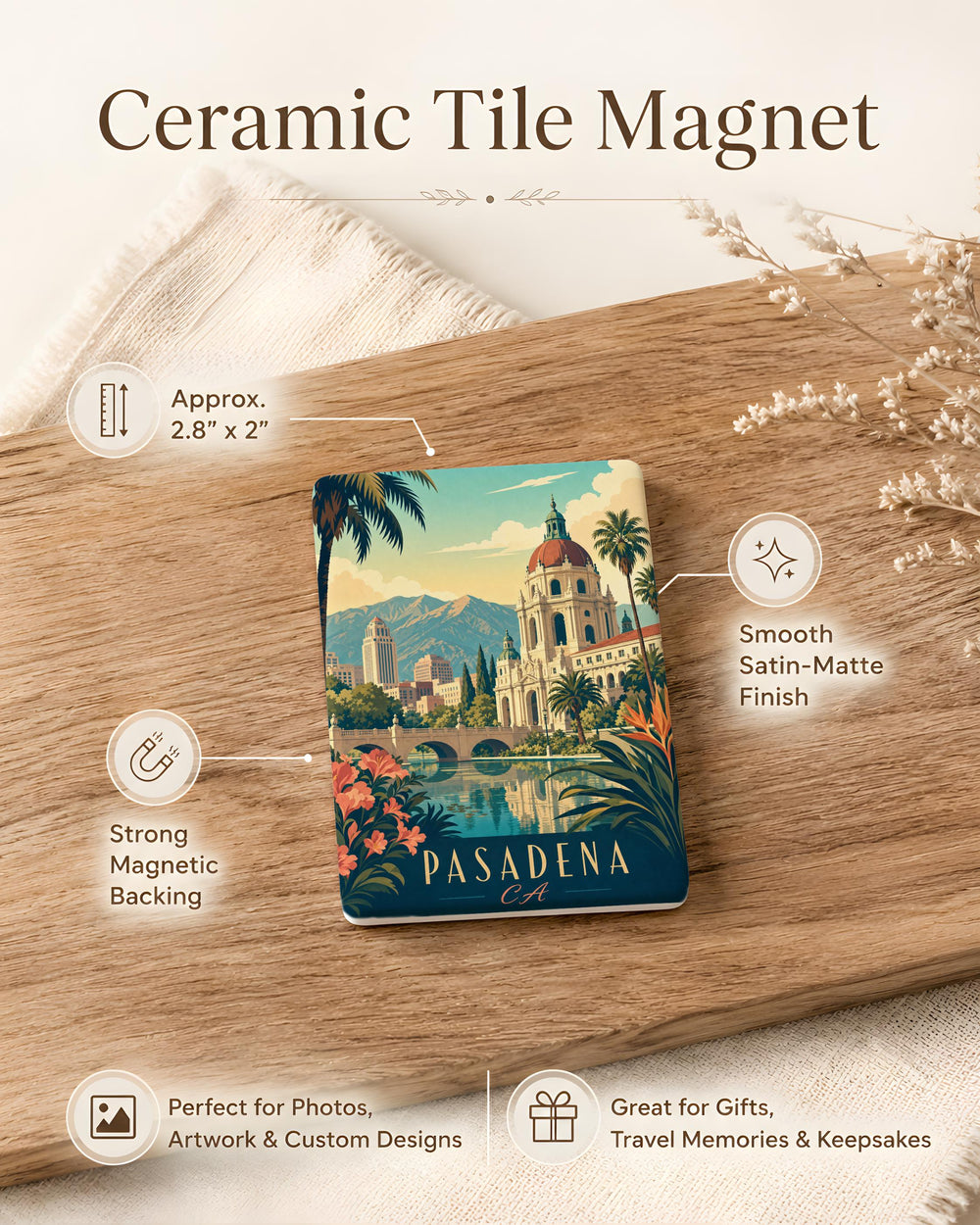 Pasadena CA Fridge Magnet, Pasadena California Souvenir Magnet, Pasadena Landmark Travel Gift, City Keepsake Refrigerator Magnet