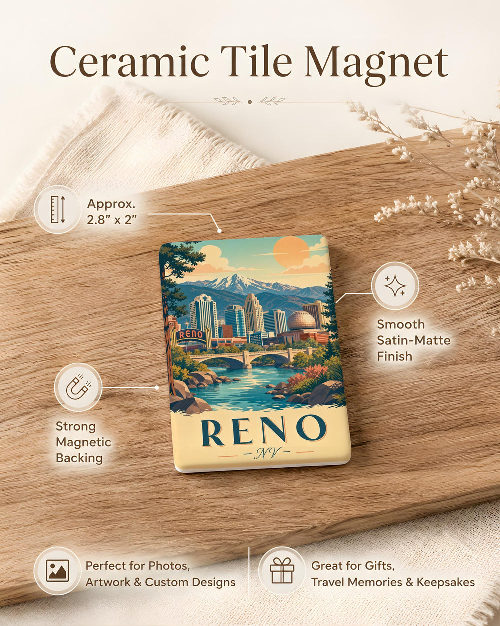 Reno Nevada Fridge Magnet, Reno NV Souvenir Magnet, Reno Skyline Landmark Travel Gift, Nevada Vacation Keepsake Magnet