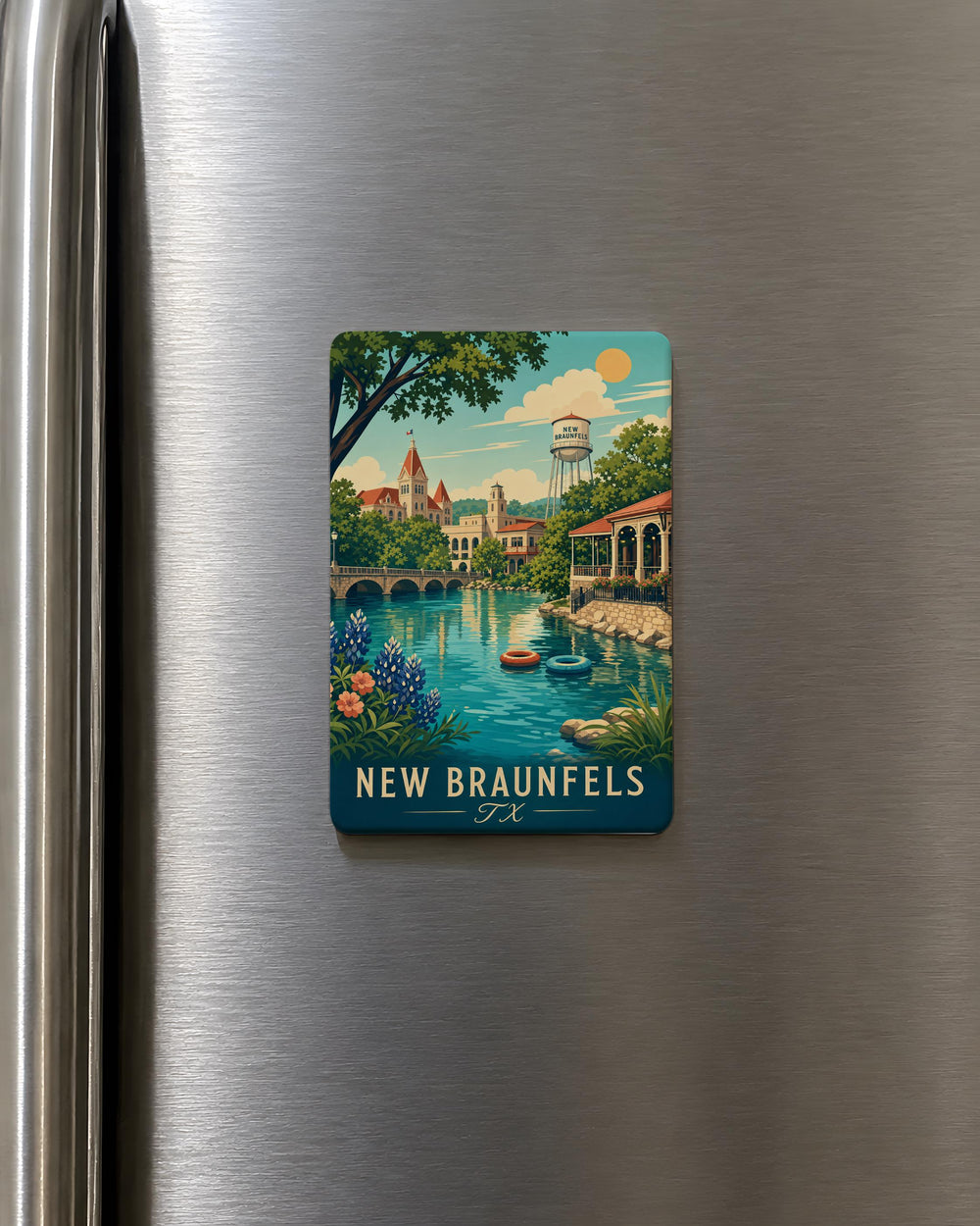 New Braunfels TX Fridge Magnet, New Braunfels Texas Souvenir Magnet, Hill Country Travel Gift, City Landmark Keepsake Magnet
