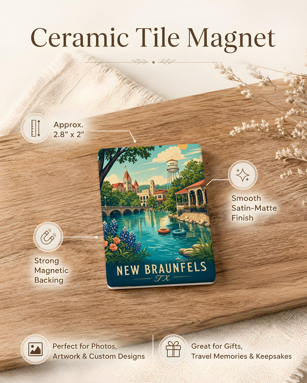 New Braunfels TX Fridge Magnet, New Braunfels Texas Souvenir Magnet, Hill Country Travel Gift, City Landmark Keepsake Magnet